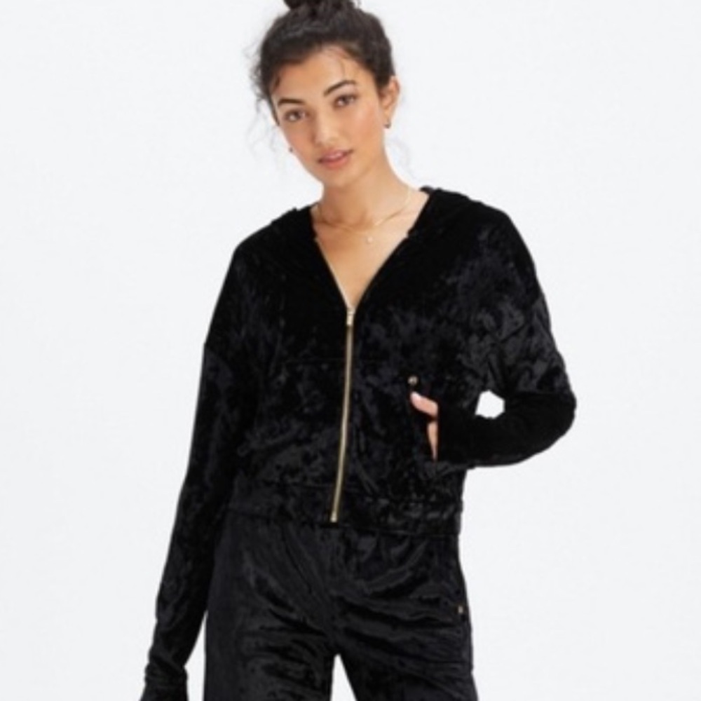Fabletics Bomber Jacket Womens Activeware Black Velvet Whimsygoth Zip Hood SZ S